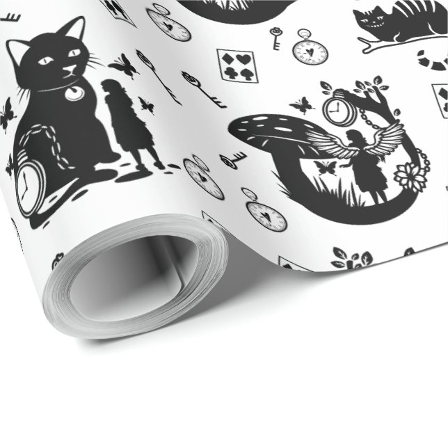 Papel De Presente Alice no País das Maravilhas, Design preto e branc (Ponta do rolo)