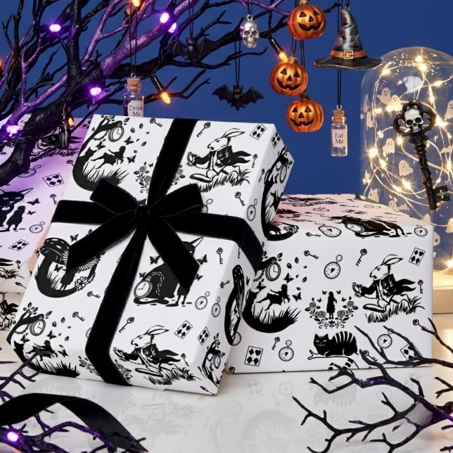Papel De Presente Alice no País das Maravilhas Design Preto e Branco (Criador carregado)