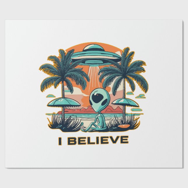 Papel De Presente alienígena com OVNI EU ACREDITO (Aberto)