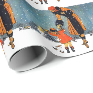 Papel De Presente Alimentando os pássaros em um dia de neve
