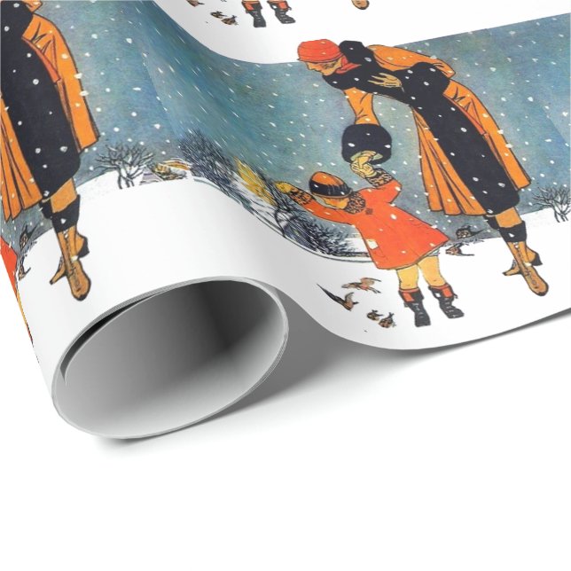 Papel De Presente Alimentando os pássaros em um dia de neve (Ponta do rolo)