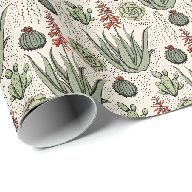 Papel De Presente Aloe Vera Suculento Cactus Marfim (Ponta do rolo)