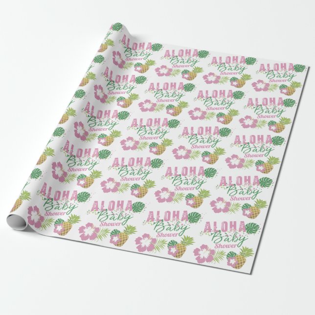 Papel De Presente Aloha Baby Pink & Green Tropical Girl Chá de frald (Desenrolado)