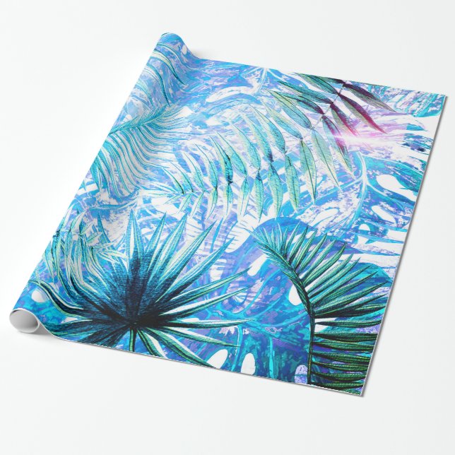 Papel De Presente Aloha- Palma Tropical Azul e Jardim Monstera (Desenrolado)