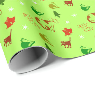 Papel De Presente Amante de Gato Verde Natal