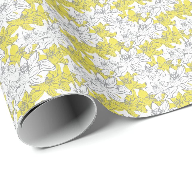 Papel De Presente Amarelo Branco Cinza Floral (Ponta do rolo)