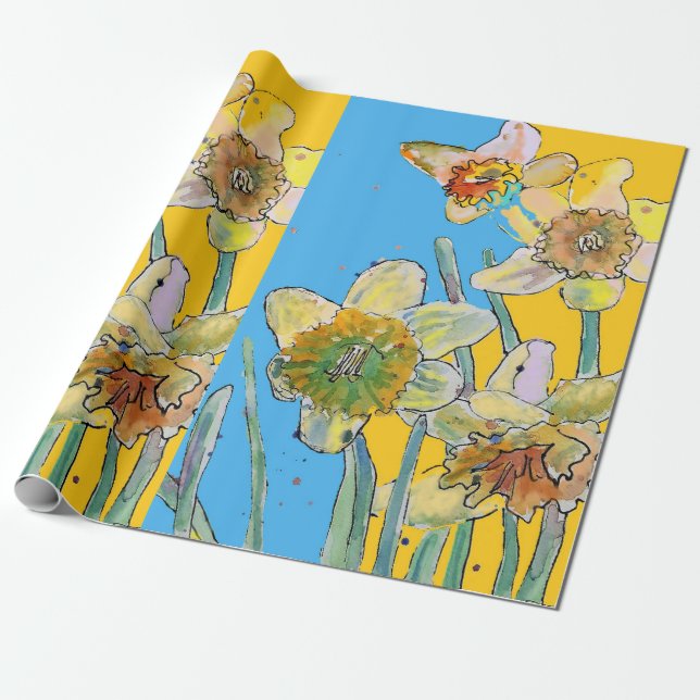 Papel De Presente Amarelo Daffodil Azul Flores de primavera Aquarela (Desenrolado)