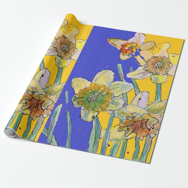 Papel De Presente Amarelo Daffodil Azul Flores de primavera Aquarela (Desenrolado)