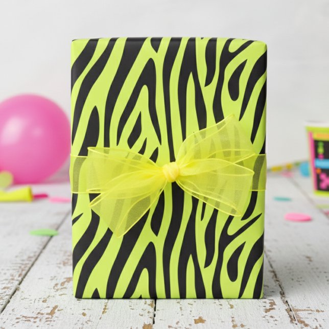 Papel De Presente Amarelo Fluorescente Pequeno Estampa de Zebra (Fun Fluorescent Yellow Wrapping Paper for Cool 80's Kids Party. Modern Zebra Animal Print Gift Wrap)