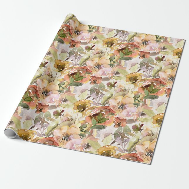 Papel De Presente Amarelo Laranja Queimado Elegante outono Floral (Desenrolado)