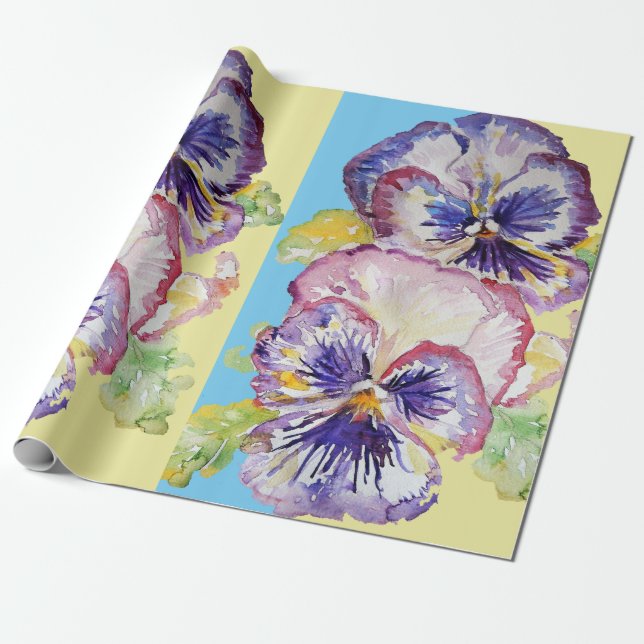 Papel De Presente Amarelo Pansor Roxo Flores de primavera Aquarela (Desenrolado)