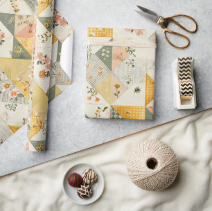 Papel De Presente Amarelo Pastel Quiltado Gingham Bolinhas