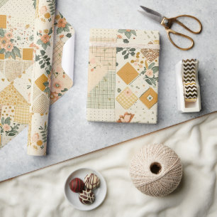 Papel De Presente Amarelo Pastel Quiltado Gingham Bolinhas