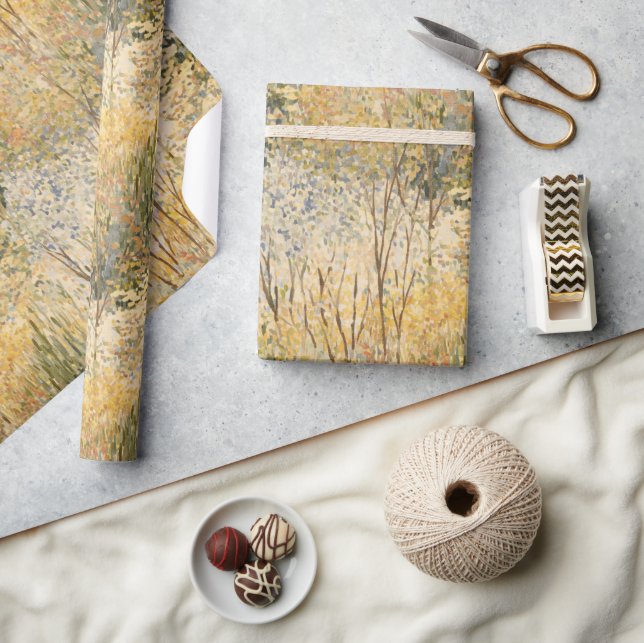 Papel De Presente Amarelo Verde Marrom Árvores   (Artesanato)
