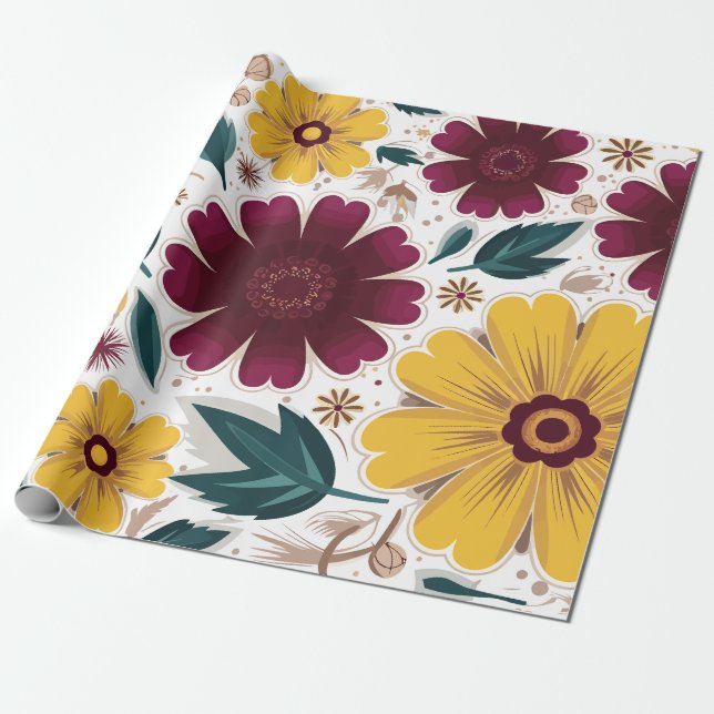 Papel De Presente Amarelo vibrante e Borgonha Floral (Desenrolado)
