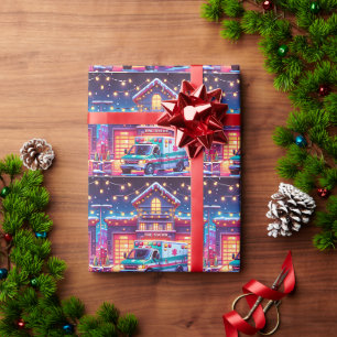 Papel De Presente Ambulância EMS na Estação de Fogo Decorrou o Natal