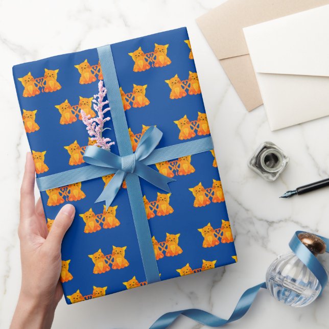 Papel De Presente Ame Gatinhos Laranja Fofos em Fundo Azul (Presentear)