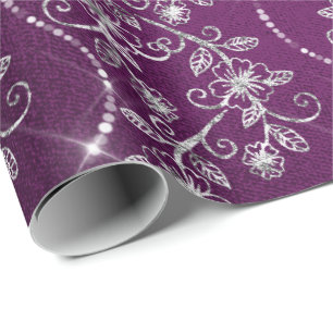 Papel De Presente Ameixa cinzenta roxa floral da prata Sparkly dos