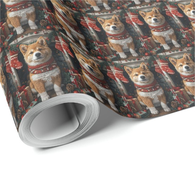 Papel De Presente American Akita com Lareira de presentes de Natal (Ponta do rolo)