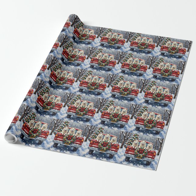 Papel De Presente American Eskimo Dog Christmas Red Truck Holiday (Desenrolado)