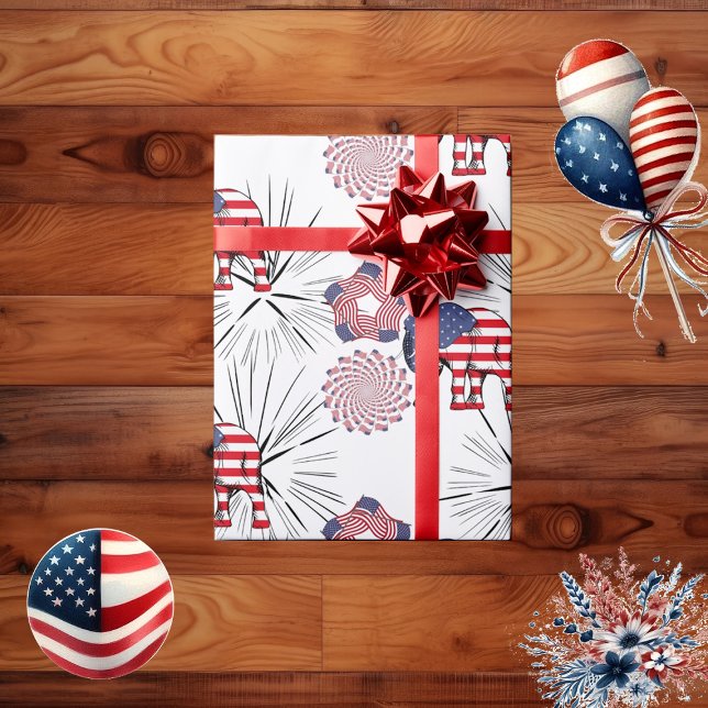 Papel De Presente American Flag Fireworks Elephant 4º Partido de jul (American Flag Fireworks Elephant 4th July Party Wrapping Paper)