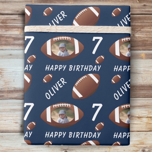 Papel De Presente American Football Ball Happy Birthday Foto Azul (Criador carregado)