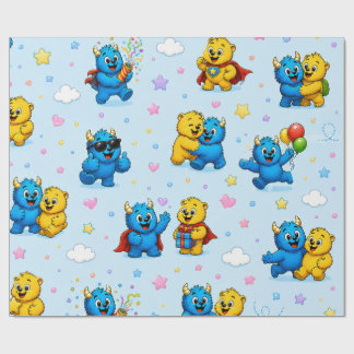 Papel De Presente Amigos Monstros Divertidos Padrão Estrelas e Nuven