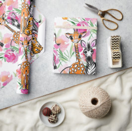 Papel De Presente Amigos Safari, girafa, zebra, tigre