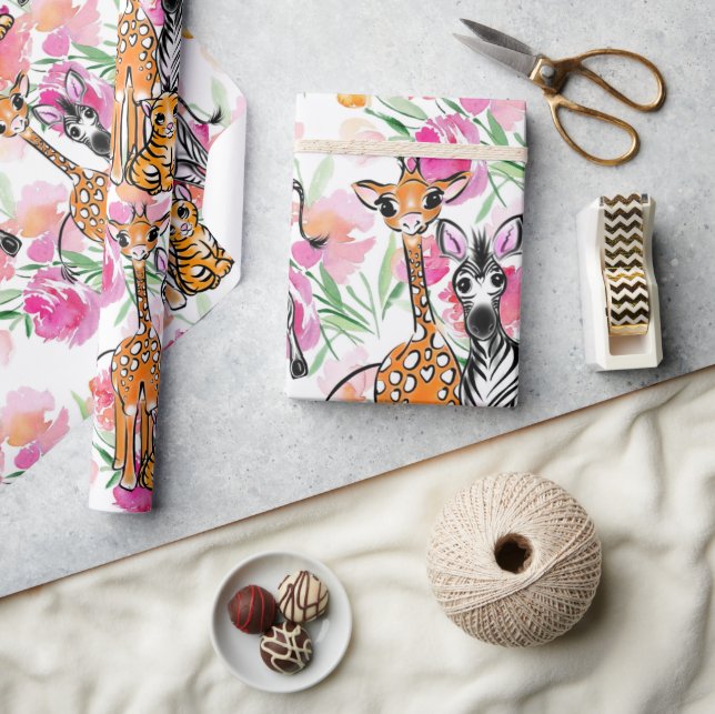 Papel De Presente Amigos Safari, girafa, zebra, tigre (Artesanato)