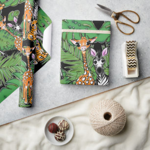 Papel De Presente Amigos Safari, girafa, zebra, tigre, folhas de pal