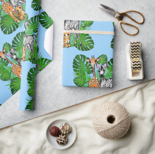 Papel De Presente Amigos Safari, girafa, zebra, tigre, folhas de pal