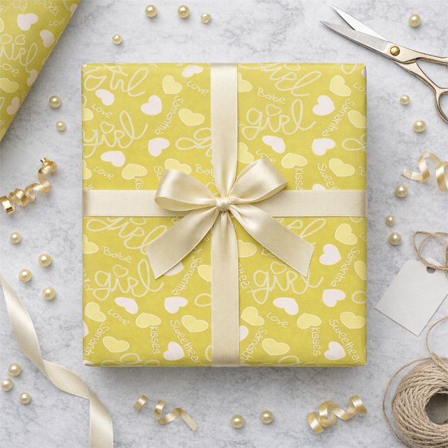 Papel De Presente Amor Amarelo Limão (Customizable love notes on lemon yellow wrapping paper. Cute, girly, and ready to make any gift pop.)