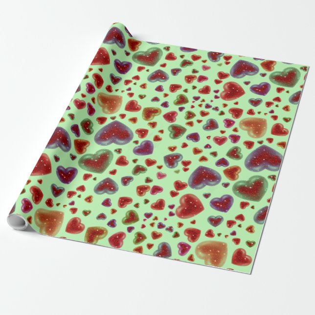 Papel De Presente Amor, corações brilhantes, Verde 2 (Desenrolado)