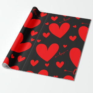 Papel De Presente Amor, Corações Vermelhos no Fundo Negro
