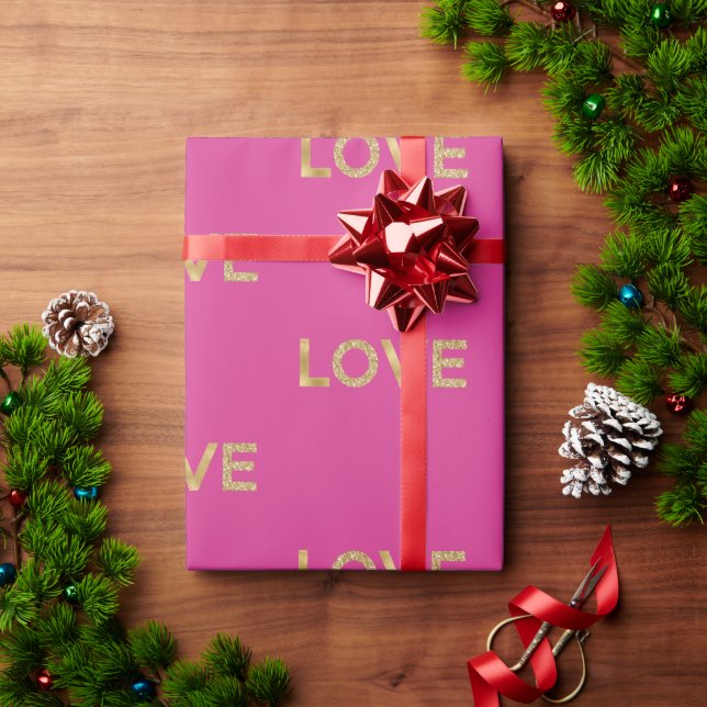 Papel De Presente Amor Dourado Brilhante Rosa (Presente de Natal)