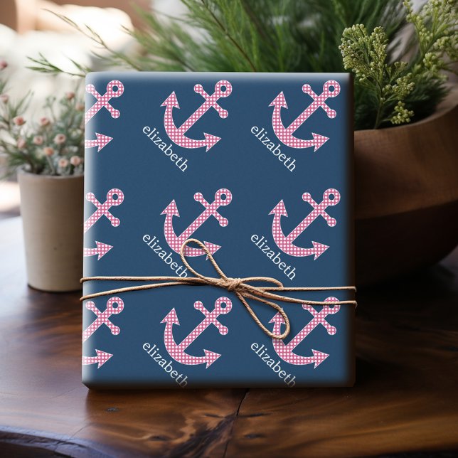 Papel De Presente Âncora de Bolinhas rosa-claro com nome personaliza (Personalized Wrapping Paper)