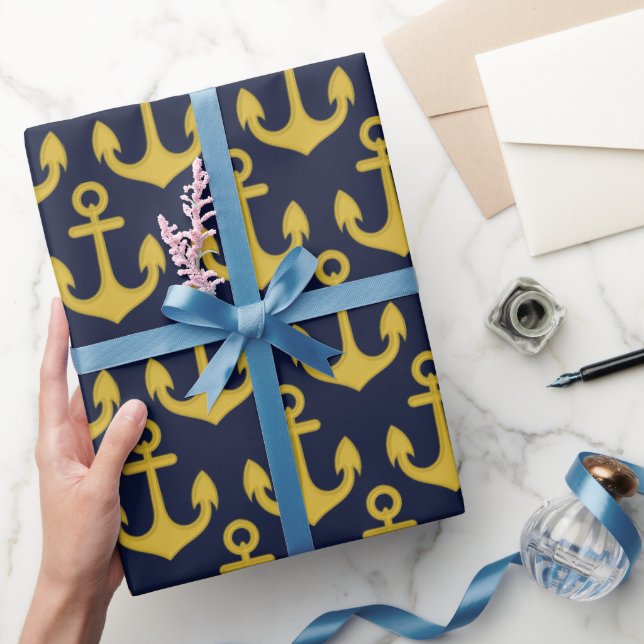 Papel De Presente Âncora Dourada em Fundo Azul Marinho (Presentear)