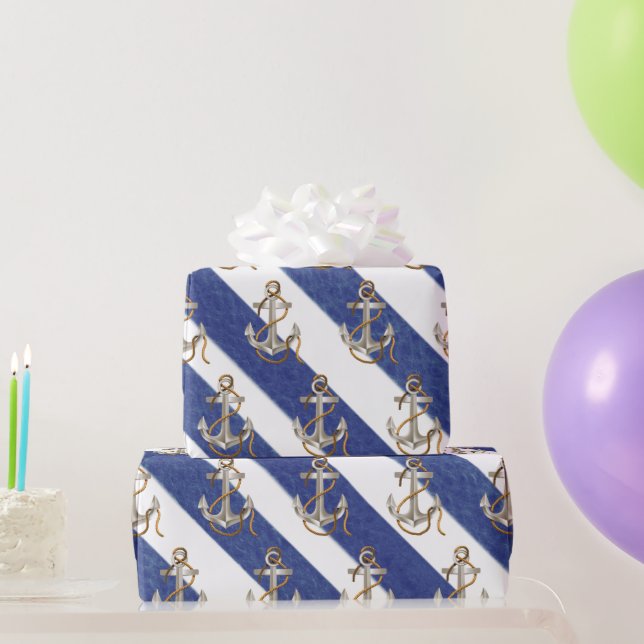 Papel De Presente Âncora Náutica Em faixas de Aquarela (Presentes para festas)