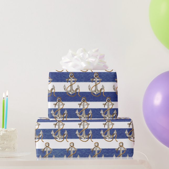 Papel De Presente Âncora Náutica Em faixas de Aquarela (Presentes para festas)