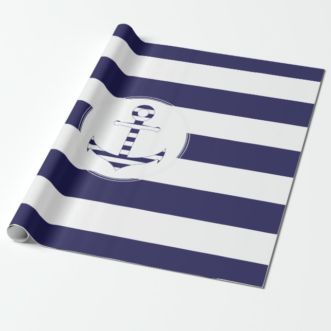 Papel De Presente Âncora náutica Stripy (Desenrolado)
