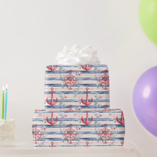 Papel De Presente Âncoras Florais Listras Azul Vermelho Praia Aniver