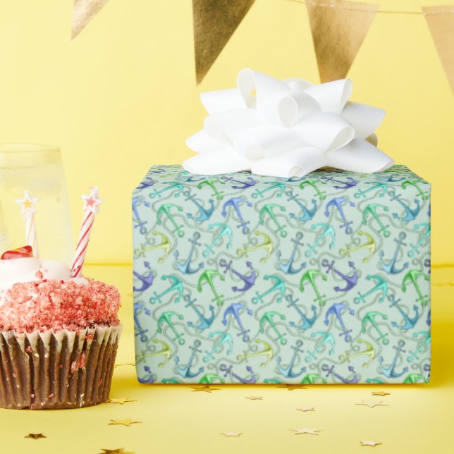 Papel De Presente Âncoras Marítimas E Padrão De Corda (Festa de aniversário)