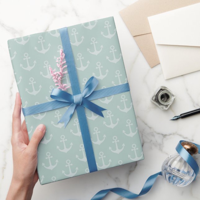Papel De Presente Âncoras Tonais em Turquesa Cinza Pastel (Presentear)