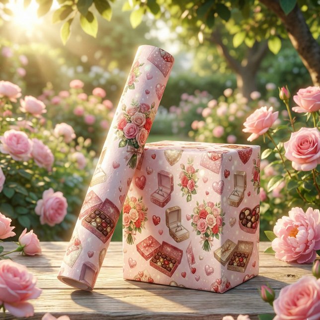 Papel De Presente Anéis de Diamante, Rosas e Caixas de Presentes Lux (Criador carregado)