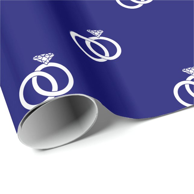 Papel De Presente Anéis de Noiva Brancos Personalizáveis sobre Azul  (Ponta do rolo)
