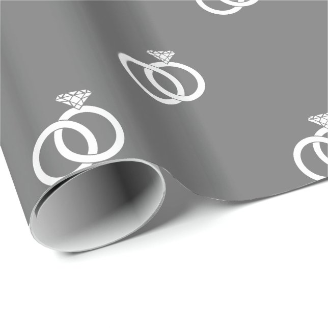 Papel De Presente Anéis de Noiva Brancos Personalizáveis sobre Cinza (Ponta do rolo)