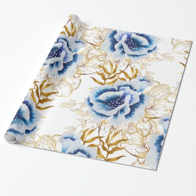 Papel De Presente Anêmona Azul e Dourada de Aquarela (Desenrolado)