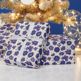 Papel De Presente Anêmona Azul-Marinho Floral Sem Costura