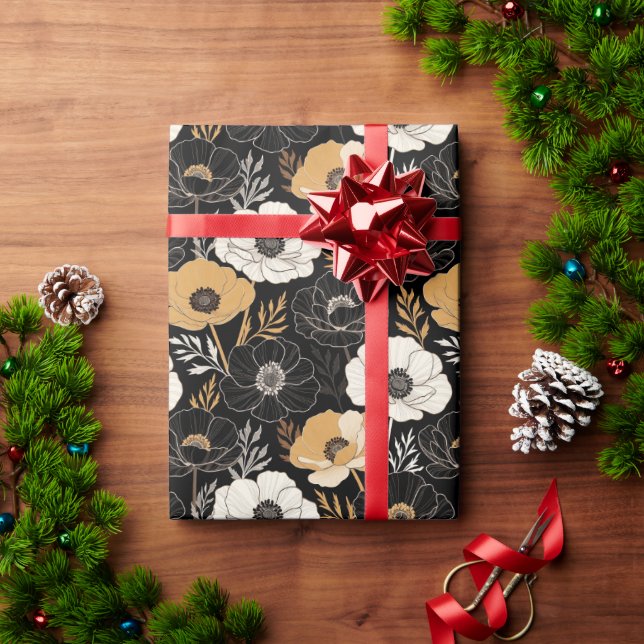 Papel De Presente Anêmonas Pretas e Mostarda Elegantes (Presente de Natal)