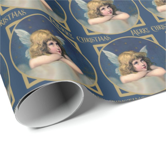 Papel De Presente Angel Cherub Feliz Natal Azul Dourado (Ponta do rolo)